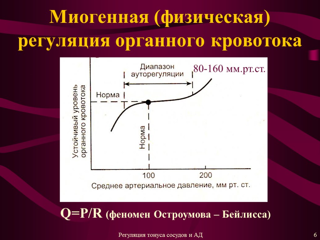 Миогенная (физическая) регуляция органного кровотока Q=P/R (феномен Остроумова – Бейлисса) 80-160 мм.рт.ст. 6 Регуляция